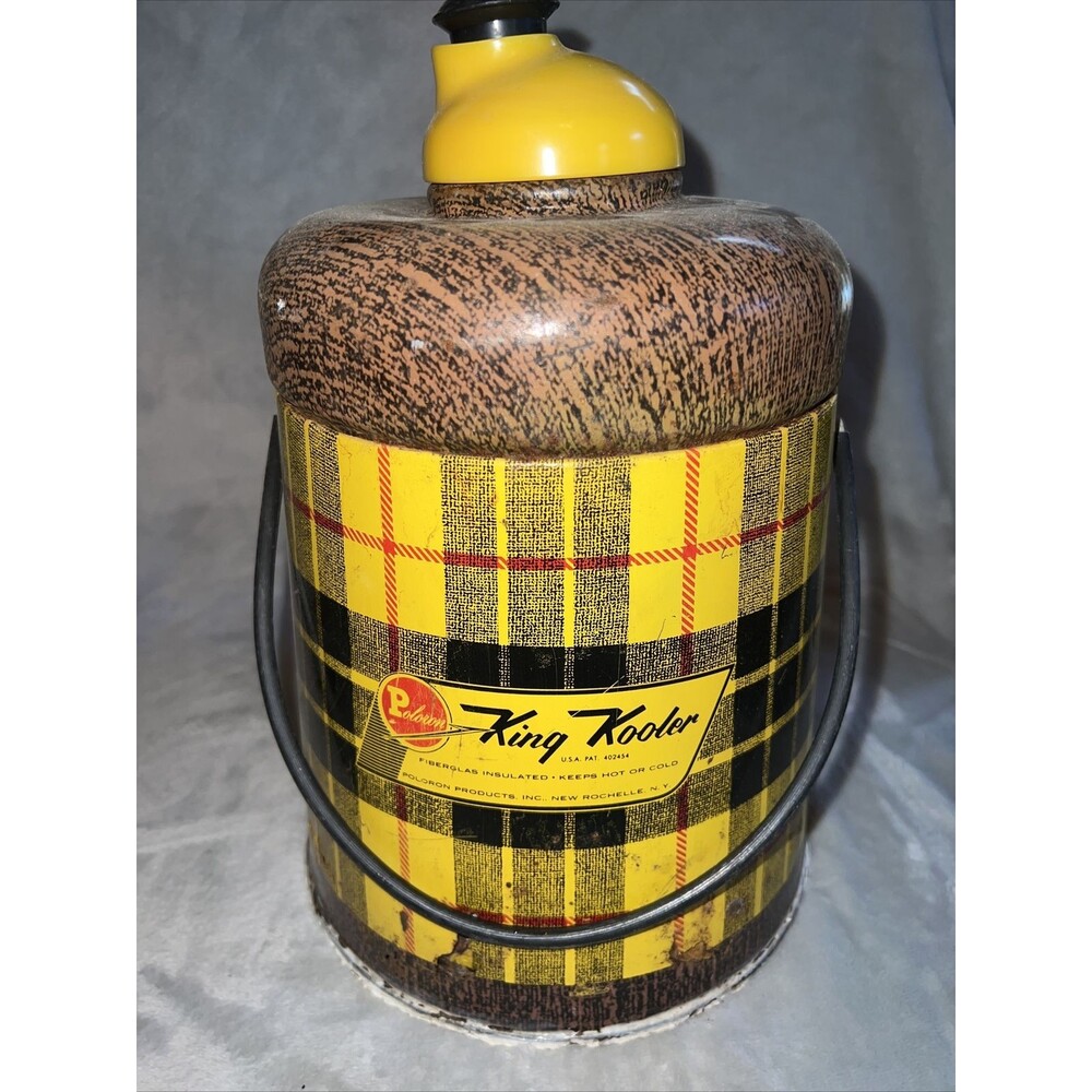 Vtg Poloron King Looker 1 Gallon Fiberglass Insulated Yellow Plaid USA As Seen